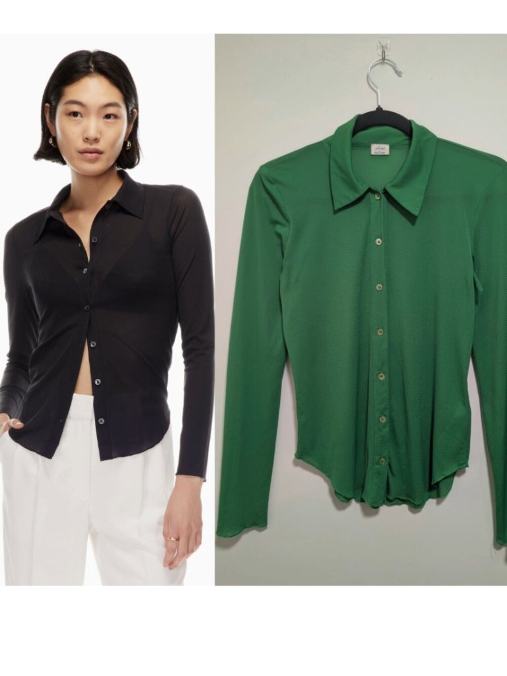 Aritzia Wilfred | Pose Mesh Long Sleeve Button-Up In Gloss Green